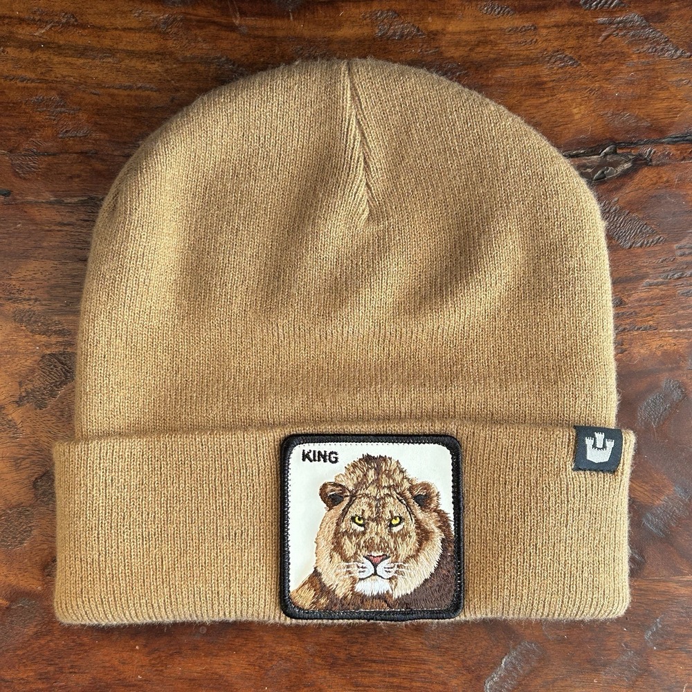 Goorin Bros The Farm King Lion Beanie Hat Embroidered Patch Beige New NWOT